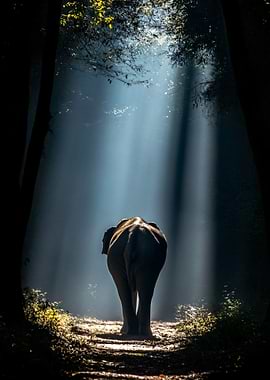 Elephant walking through sunbeams in a forest