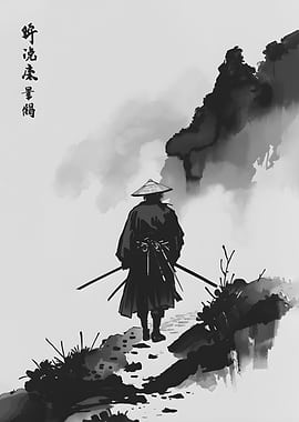 Samurai walking on a mountain path