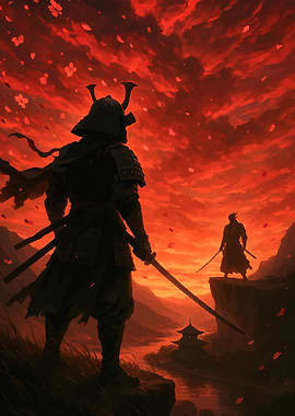 Samurai duel at sunset