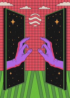 Surreal Cosmic Gateway with Hands