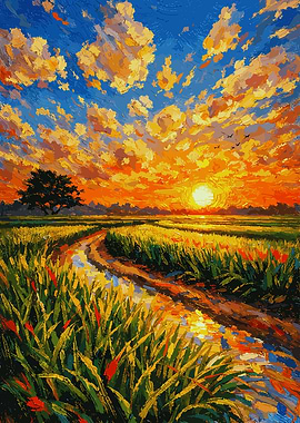 Impressionistic Sunset Over a Field