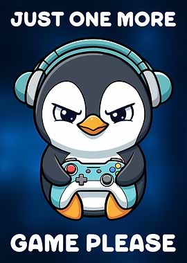Penguin Gamer with headphones and controller