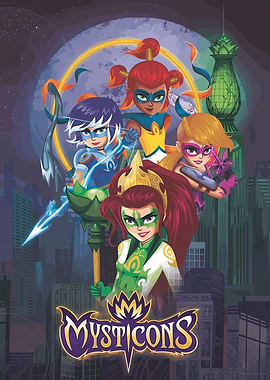 Mysticons characters in a city at night