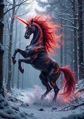 Fiery black Unicorn in Snowy Forest