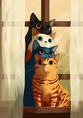 Four Cats Peeking Through Window