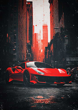 Red Ferrari in a Red City Poster