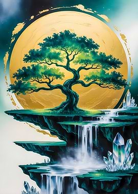 Eternal Growth: Tree of Life, Celestial Waterfalls, and Golden Moon Art