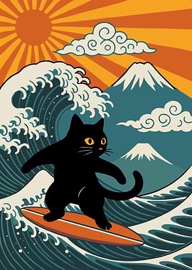 Surfing Cat Japanese Wave Poster, Hokusai Style Cat Art, Mount Fuji Wall Print
