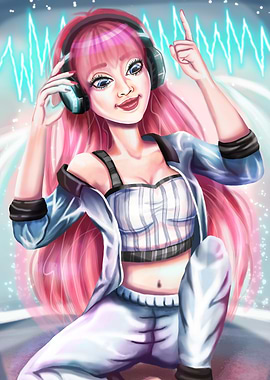 Girl with Pink Hair Listening to Music