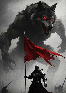 Knight faces giant wolf with red flag