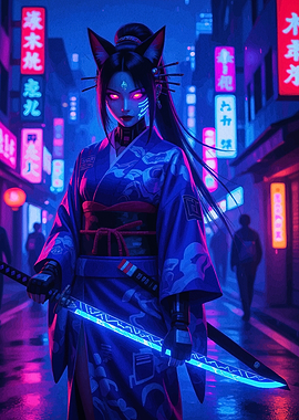 Cyberpunk Cat Girl with Neon Sword