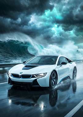 White BMW i8 driving in a storm