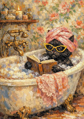 Black Cat Reading in a classic Bathtub