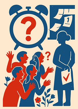 Confused crowd facing a teacher with a checklist