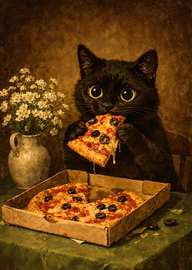 Vintage Black Cat Eating Pizza