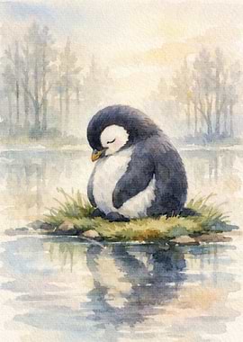 Cute Sleeping Penguin by Water