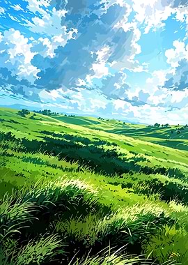 Anime Landscape with Rolling Hills and Clouds