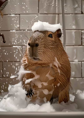 Capybara taking a bubble bath