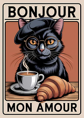 Bonjour Mon Amour Cat with Coffee and Croissant