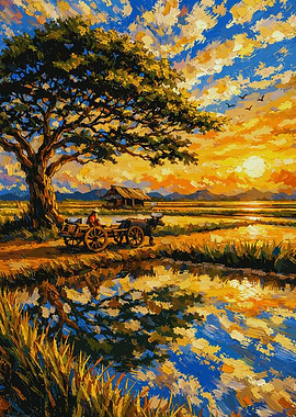 Sunset over a rice paddy with a farmer and cart