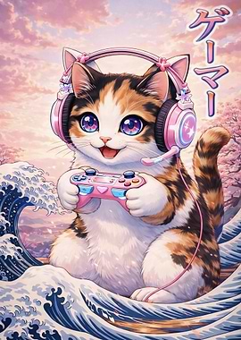 Gamer Cat with Headphones and Controller