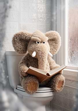 Plush Elephant Reading on Toilet