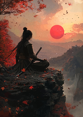 Samurai Meditating at Sunset