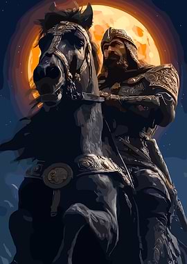 Warrior on Horseback Under Full Moon