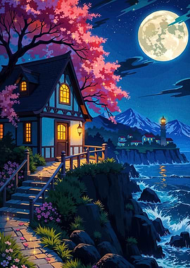 Enchanting Cliffside Cottage Under a Full Moon