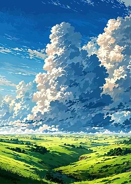 Vast green landscape under dramatic clouds