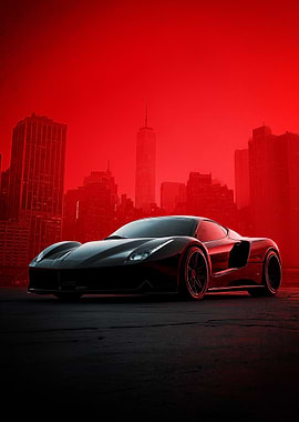 Black Sports Car in Red Cityscape Poster