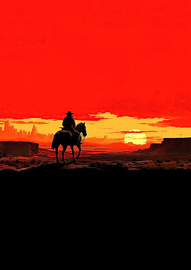 Cowboy on Horse at Sunset