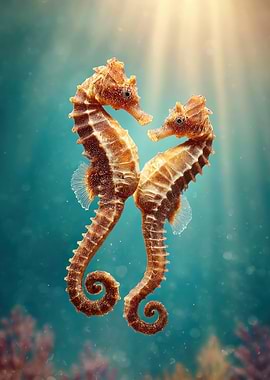 Two Seahorses in Sunlight