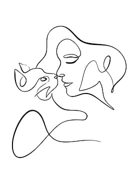 Woman and Cat Line Art