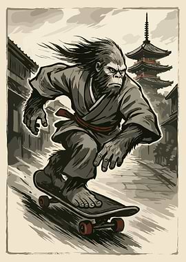 Samurai Gorilla Skateboard Poster, Japanese Street Art Print, Urban Animal Wall Art