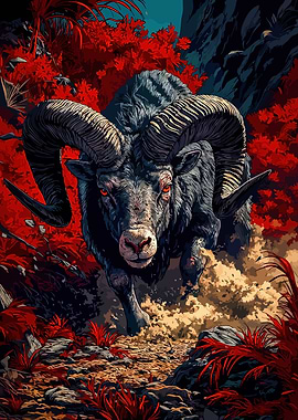 Fierce Ram Charging Through Red Foliage