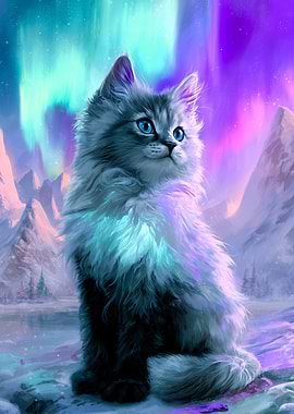 Fluffy Cat Under Aurora Borealis