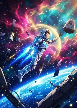 Astronaut reaching for capsule in space