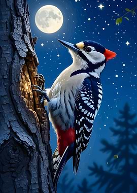 Woodpecker in a Moonlit Forest