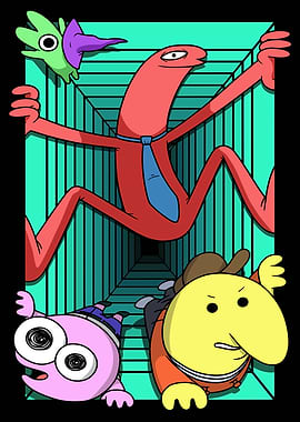 Cartoon characters in a surreal hallway