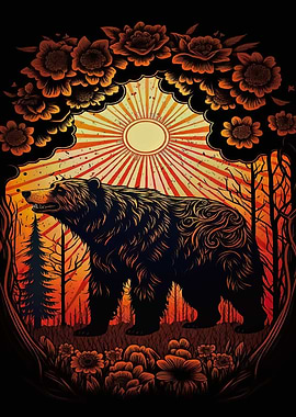 Bear in Floral Sunburst Forest