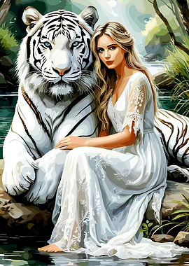 Woman and White Tiger by Water