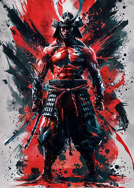 Samurai Warrior with Red and Black Splatter