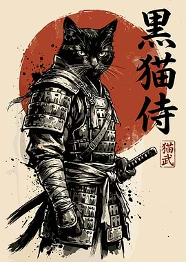 Samurai Cat Poster, Japanese Warrior Cat Art Print, Black Cat Katana Wall Art