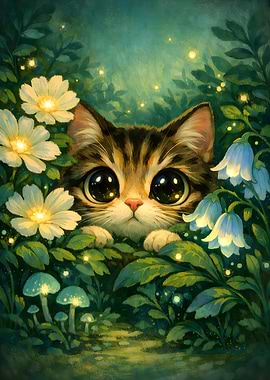 Cute Kitten with Big Eyes Peeking Through Flowers