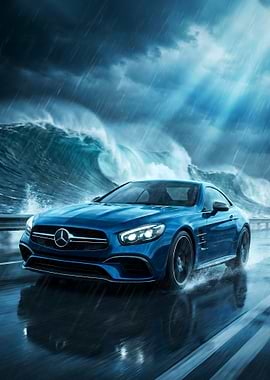 Blue Mercedes Benz SL 63 AMG driving through a storm