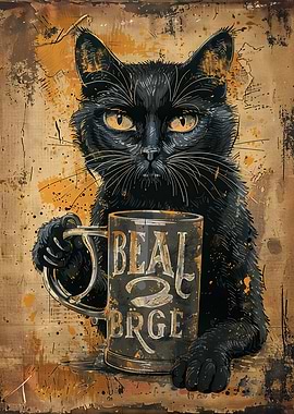 Black Cat Holding a Mug