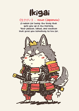 Cute Samurai Wolf Ikigai Illustration