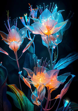 Bioluminescent Flowers in Dark Garden