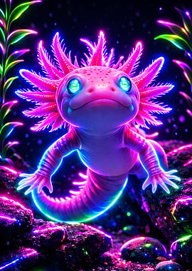 Great Art Neon Axolotl in Underwater Garden